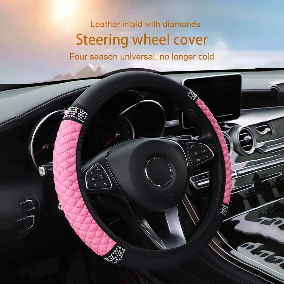 Microfiber Leather Steering Wheel Cover with Anti-Slip Lining Universal Car Accessory for Steering Wheel with a Diameter of 14.5-15 inch (Pink) - color: Pink