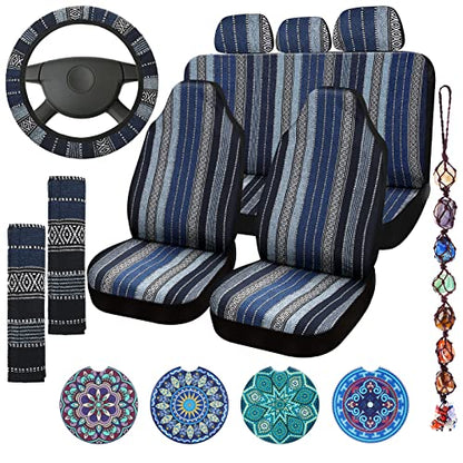 Frienda Baja Saddle Blanket Car Seat Covers Full Set Multicolor Stripe Boho Steering Wheel Cover Seat Belt Pads Crystal Hanging Ornament Automotive Interior Universal Fit Most Cars (Retro Style) - style: Retro Style