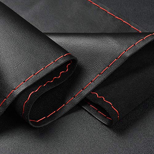 Steering Wheel Cover with Top Layer Genuine Leather and Anti-Slip Design, Soft Padding, Breathable, Universal 15 Inch Stitch on Wrap - color: red and black