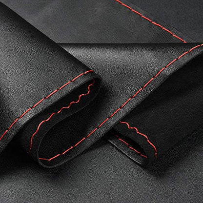 Steering Wheel Cover with Top Layer Genuine Leather and Anti-Slip Design, Soft Padding, Breathable, Universal 15 Inch Stitch on Wrap - color: red and black