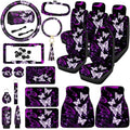 Butterfly Seat Full Set for Women Butterfly Universal Car Accessories Rubber Steering Wheel Cover License Plate Frame Mirror Covers 26 Pcs Fit Car SUV Auto(Purple Style)