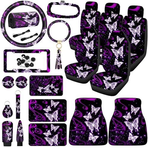 Butterfly Seat Full Set for Women Butterfly Universal Car Accessories Rubber Steering Wheel Cover License Plate Frame Mirror Covers 26 Pcs Fit Car SUV Auto(Purple Style)