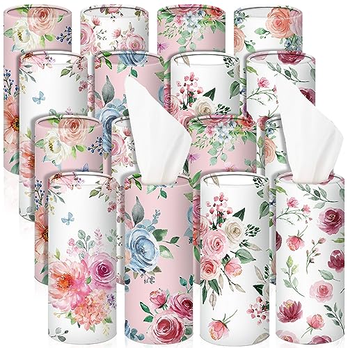 Ctosree 16 Pcs Car Tissue Holder Cylinder Bulk Round Floral Cup Holder Facial Tissues for Travel Refill Car Napkin Box Round Container