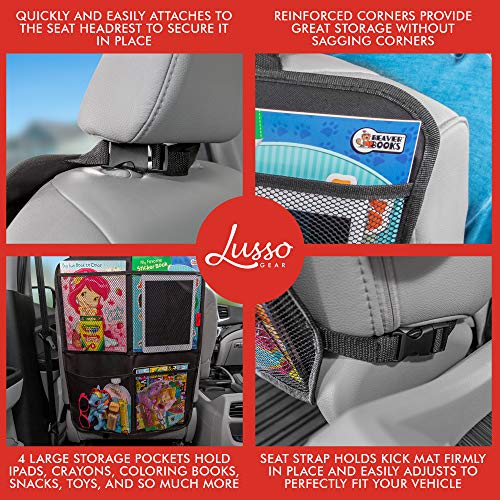 Lusso Gear Kick Mats (2 Pack) - Car Seat Back Protectors, Premium Waterproof Fabric, Reinforced Corners to Prevent Sag, and 4 Mesh Pockets for Large Storage (Gray)