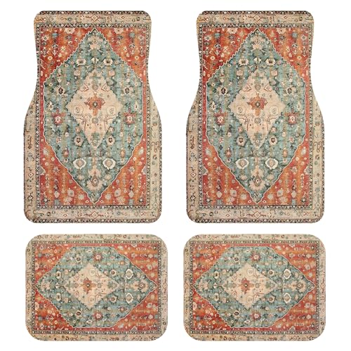 Linen Persian Car Floor Mats Full Set | Vintage Oriental Car Decor for Women,Men | Waterproof All-Weather Universal Fit for SUV, Sedan | Luxury Bohemian Car Accessories, Non-Slip - color: Vintage Oriental