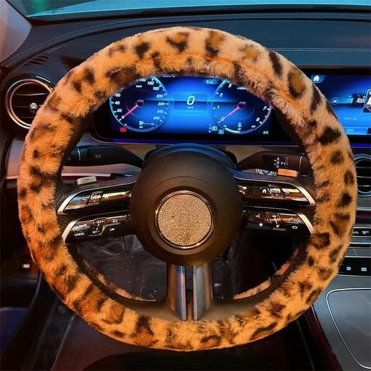 Soft Plush Leopard Cheetah Print Car Steering Wheel Cover with Inner Rubber Ring Snug Fit 15inch Automotive Interior Wheel Protector Car Accessories (Round Type) - style: Round Type