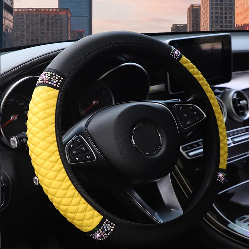 Microfiber Leather Steering Wheel Cover with Anti-Slip Lining Universal Car Accessory for Steering Wheel with a Diameter of 14.5-15 inch (Yellow) - color: Yellow
