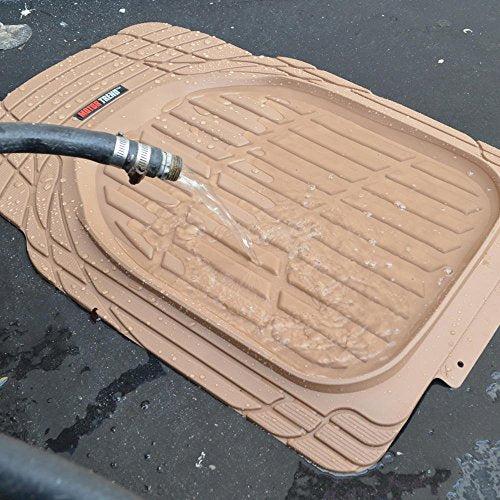 Motor Trend FlexTough Deep Dish Heavy Duty Rubber Floor Mats & Cargo Liner for Trunk All Weather (Beige) - Complete Coverage Set