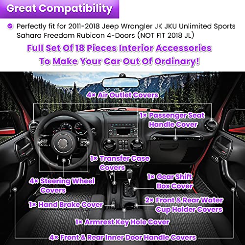 E-cowlboy 18 PCS Full Set Interior Decoration Trim Kit Steering Wheel Center Console Door Handle Air Conditioning Vent Cup Holder Gear Cover Trim for Jeep Wrangler JK JKU 2011-2018 4-Door (Purple) - color: Purple