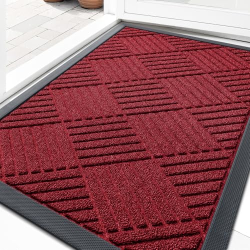 OLANLY Front Door Mat Outside Entrance 33x21, Absorbent, Heavy Duty Sturdy Natural Rubber Doormat Indoor Outdoor, Stain Fade Resistant, Non-Slip Low Profile Floor Mat for Entryway, Black Red Diamond - color: Black Red Diamond, size: 33" X 21"