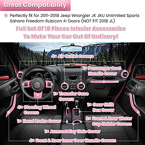 E-cowlboy 18 PCS Full Set Interior Decoration Trim Kit Steering Wheel Center Console Door Handle Air Conditioning Vent Cup Holder Gear Cover Trim for Jeep Wrangler JK JKU 2011-2018 4-Door (Pink) - color: Pink