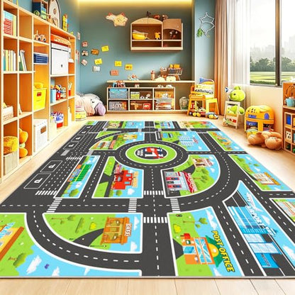 Kids Area Rugs for Playroom Non-Silp Carpet 7x9Ft Washable Rug for Childs, City Road, Building, Landmark Playmat for Kids Bedroom Playroom