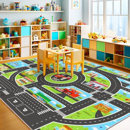 Kids Area Rugs for Playroom Non-Silp Carpet 7x9Ft Washable Rug for Childs, City Road, Building, Landmark Playmat for Kids Bedroom Playroom