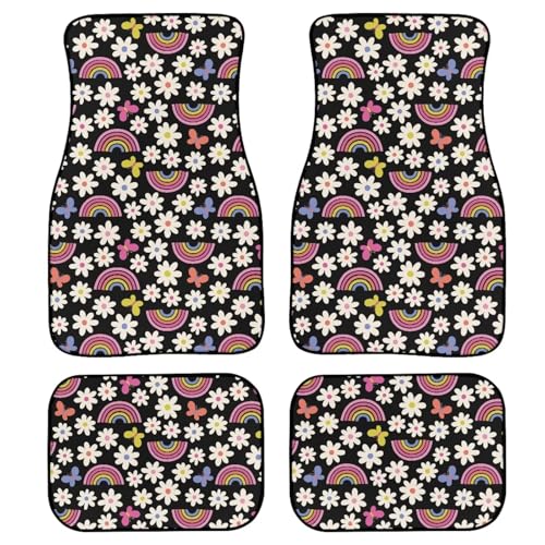 Daisy Rainbow Print Car Floor Mats Set of 4 Cute Floral Butterfly Universal Vehicle Floor Carpet Decorative Auto Front Rear Foot Rugs for Trucks SUV Sedan - color: Pink and White