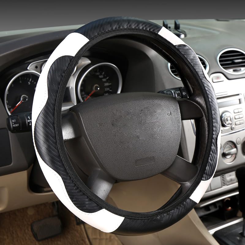 Ultra Fine Carbon Fiber Leather Steering Wheel Cover, Anti Slip and Sun Protective Protect The Steering Wheel, Easy to Install,Universal of 14.5"-15" (White) - color: White