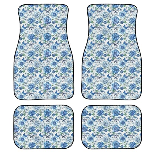 Floral Non-Slip Car Mats Set, Blue Butterfly Carpet Vehicle Floor Mats Car Decor Accessories, Rural Wildflower Field Front & 2nd Row Floor Mats for Driver Seat - color: Blue Floral Butterfly