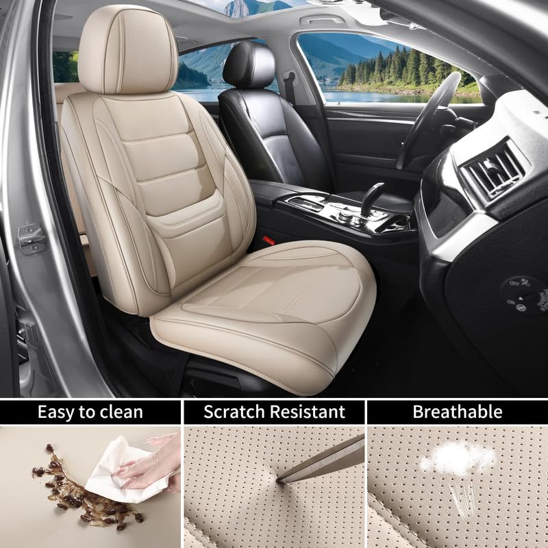 Car Seat Covers Full Set Fit for Hyundai Genesis 2009-2016, Premium Faux Leather Waterproof Car Seat Protectors with Lumbar Support, Breathable Anti-Slip Easy to Install(Beige,Full Set)