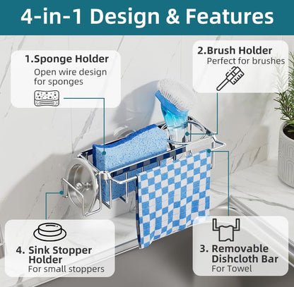 TAILI 4-in-1 Sink Caddy with Strong Suction Cup, Sponge Holder for Kitchen Sink Organizer, Removable, Rustproof, Stainless Steel Holder for Sponge, Brush, Scrubber, Scraper - Silver