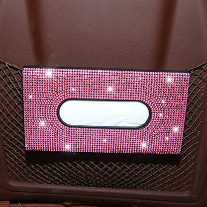 Bling Car Sun Visor Tissue Box Holder, Rhinestone PU Leather Crystal Sparkling Napkin Holder, Backseat Paper Towel Cover Case Car Accessories for Women (Pink)