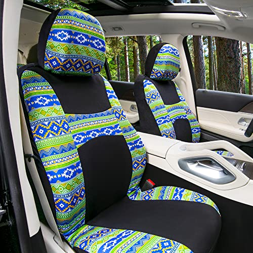 FH Group Full Set Southwestern Print Cloth Car Seat Covers Combo Set with Carpet Floor Mats, Universal Fit, Washable Seat Cover for SUV, Sedan, Green - color: Green