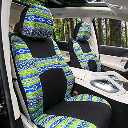 FH Group Full Set Southwestern Print Cloth Car Seat Covers Combo Set with Carpet Floor Mats, Universal Fit, Washable Seat Cover for SUV, Sedan, Green - color: Green