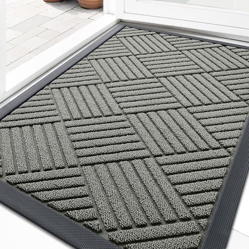 OLANLY Front Door Mat Outside Entrance 29.5x17, Absorbent, Heavy Duty Sturdy Natural Rubber Doormat Indoor Outdoor, Stain Fade Resistant, Non-Slip Low Profile Floor Mat Entryway, Modern Gray Diamond - color: Modern Gray Diamond, size: 29.5" X 17"