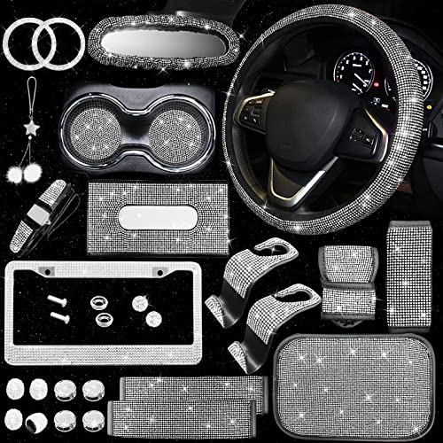 25PCS Bling Car Car Accessories Set,15 Inch Steering Wheel Cover,Shiny License Plate Frame,Center Console Cover and Rearview Mirror Set and Other Car Accessories(White) - color: White