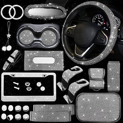 25PCS Bling Car Car Accessories Set,15 Inch Steering Wheel Cover,Shiny License Plate Frame,Center Console Cover and Rearview Mirror Set and Other Car Accessories(White) - color: White