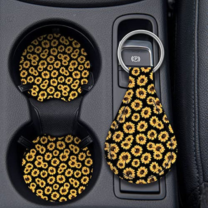 Sunflower Steering Wheel Cover Dreams Car Set: Women's Delightful Yellow Accessories with Cute Stuff Featuring Wheel Cover, Adorable Keychain,2 Car Cup Holder for a Cute and Vibrant Driving Experience - color: Sunflower