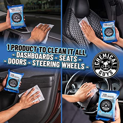Chemical Guys Total Interior Cleaner & Protectant Wipes – 50 Pack Multi Surface Car Interior Cleaning Wipes for Dashboards, Doors and Seats – Safe for Trucks, SUVs, RVs and Home Use
