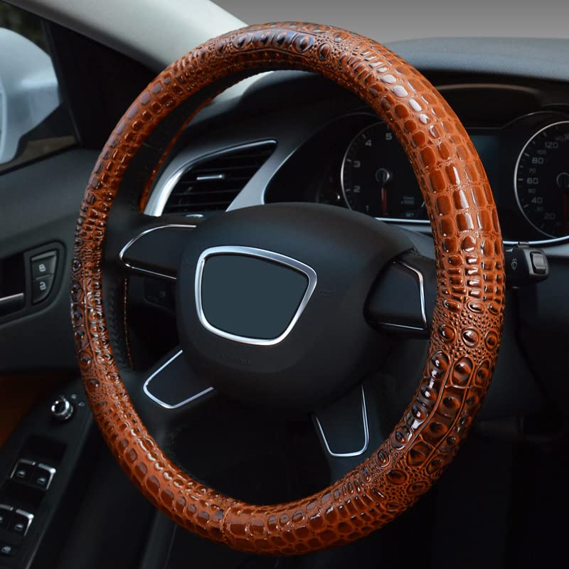 Premium Leather Steering Wheel Cover with Air Holes – Non-Slip Rubber Grip, Universal Fit for Cars (Brown) - color: Brown