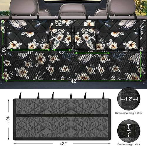 Car Trunk Organizer, Large Capacity Backseat Trunk Organizer (42"*18"), Collapsible Car Storage Bag with 8 Pockets - Hibiscus