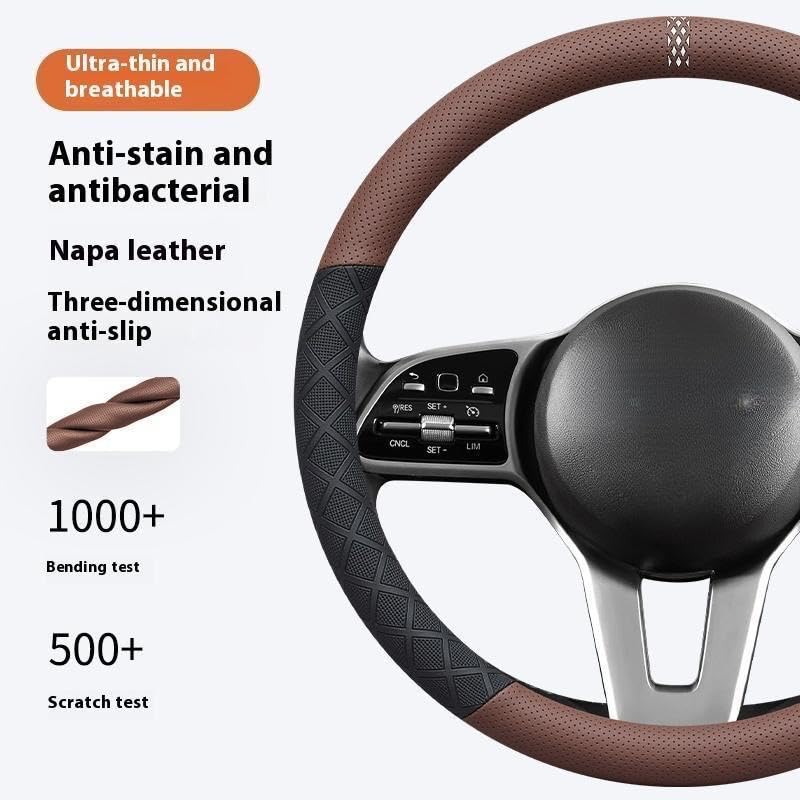 Ultra-Thin Napa Leather Steering Wheel Cover with 3D Anti-Slip Diamond Grip, Breathable Non-Bulky Design, Universal Fit 15 Inch for Cars & SUVs - color: black&navy blue