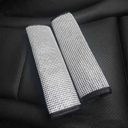 4PCS White Bling Car Seatbelt Strap Covers with Shift Gear Knob Cover & Handbrake Cove for Women Girls - Crystal Rhinestone Velvet Shoulder Pad Protector - Diamond Shine Safety Shoulder Pad - color: B-Sliver 4