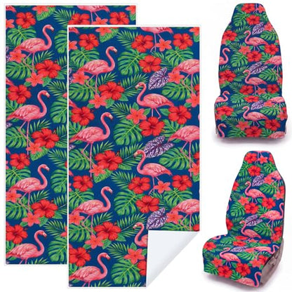 2 Pack Car Seat Towel Covers, 63 x 32 Universal Non Slip Microfiber Sweat Protector for Gym Running Swimming Yoga, Washable Bucket Seat Covers for Cars Trucks SUVs(Flamingo) - style: Flamingo