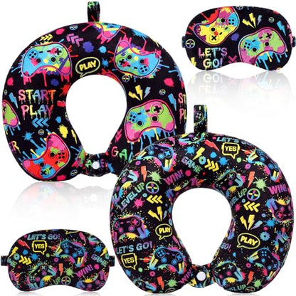 4 Pcs Game Travel Pillow with Sleep Eye Mask, U Shaped Memory Foam Headrest & Neck Pillow with Washable Cover, Soft Neck Head Support Travel Accessories for Airplane Car Train Bus Trips