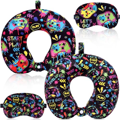 4 Pcs Game Travel Pillow with Sleep Eye Mask, U Shaped Memory Foam Headrest & Neck Pillow with Washable Cover, Soft Neck Head Support Travel Accessories for Airplane Car Train Bus Trips