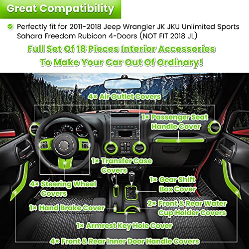 E-cowlboy 18 PCS Full Set Interior Decoration Trim Kit Steering Wheel Center Console Door Handle Air Conditioning Vent Cup Holder Gear Cover Trim for Jeep Wrangler JK JKU 2011-2018 4-Door (Green) - color: Green