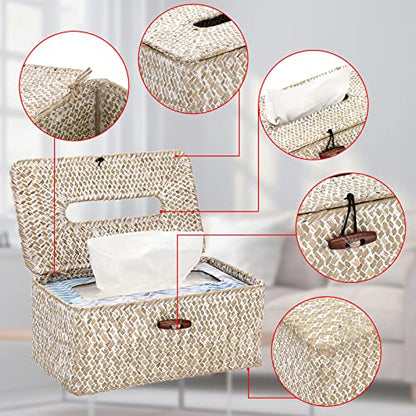 Sumnacon Rectangle Natural Seagrass Tissue Box Cover,Woven Tissue Box with Bottom,Farmhouse Tissue Box Holder for Living Room Bathroom Vanity Toilet Table Desk Countertop Office Car,Whitewash - color: Whitewash, size: Medium