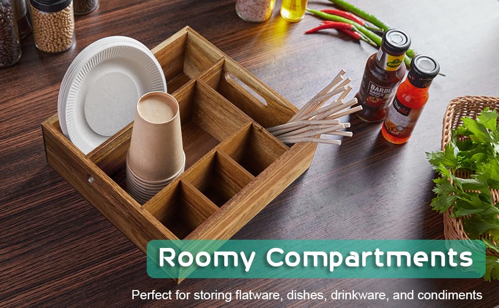 ALELION Acacia Wood Utensil Holder for Party - Paper Plate Organizer for Countertop - Silverware Caddy with 6 Compartments for Plate, Cup, Fork, Spoon - Cutlery Holder for Kitchen Camping Buffet - style: Acacia Wood