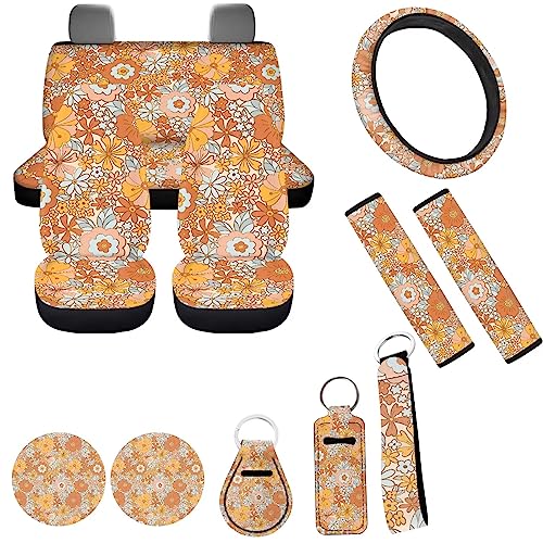 Vintage Daisy Groovy Flower Auto Seat Cover for Women 12 Pcs Abstract Boho Blossom Car Steering Wheel Cover Coaster Seatbelt Pad Keychains Durable Universal Fit Automotive Interior Accessory - color: Bohemian Daisy Flowers