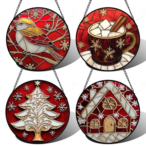 DASTOLL Stained Glass Window Hanging 4 Pcs Set Red Christmas Themed Decorations 7.8" - Suncatcher Door Garden Sun Catcher Decor Birthday New Year for Mom Woman Nana Men - color: 4-piece Red Christmas Set, size: 7.8x7.8 IN