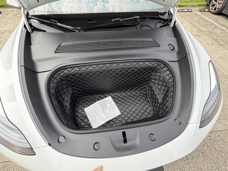 Compatible with Tesla Model Y 2020-2025 Frunk Mats Front Trunk Mat Frunk Organizer Leather All-Weather Full Coverage - color: Black with Black Stitching, size: 2020-2025 Front Trunk Mat