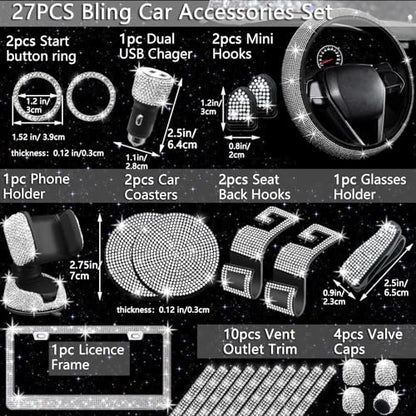 NBTEPEM 27 PCs Bling Car Accessories Set for Women, Steering Wheel Covers Universal Fit 15 Inch, Bling License Plate Frame, Bling Phone Holder, Bling Car Coasters (Silver Diamond) - color: Silver Diamond
