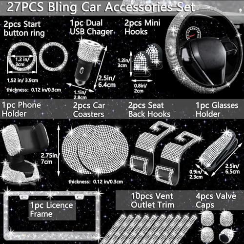 NBTEPEM 27 PCs Bling Car Accessories Set for Women, Steering Wheel Covers Universal Fit 15 Inch, Bling License Plate Frame, Bling Phone Holder, Bling Car Coasters (Silver Diamond) - color: Silver Diamond