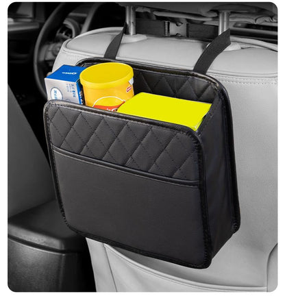 Car Seat Back Organizer, Quilted PU Leather, Multi-Pocket Storage with Umbrella Holder, Black
