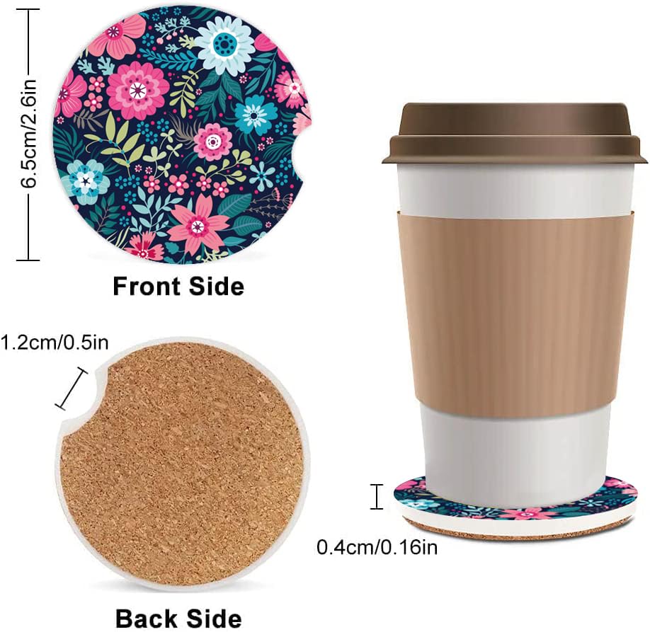Absorbent Car Cupholder Coaster 2 Pack, Cute Car Coasters with a Finger Notch for Women & Men,2.56" Ceramic Stone & Non-Scratch Cork Base Drink Coasters,Car Accessories Gifts Luxury Flowers2