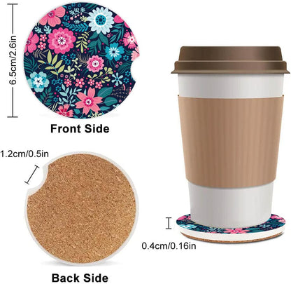 Absorbent Car Cupholder Coaster 2 Pack, Cute Car Coasters with a Finger Notch for Women & Men,2.56" Ceramic Stone & Non-Scratch Cork Base Drink Coasters,Car Accessories Gifts Luxury Flowers2