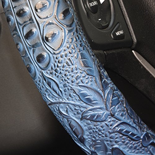 Car Steering Wheel Cover Universal 15 Inch Middle Size Auto Anti-Slip Leather Wheel Protector with Flower Grain Design Blue Style - color: Blue