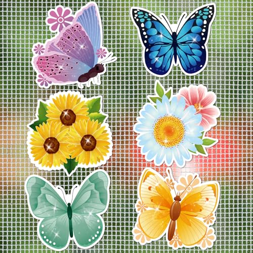 JSRQT 6 Pairs Decorative Screen Door Magnets,Double Sided Decals Stickers,Magnetic Patio Sliding Screen Door Bird Strike Protector,Butterfly Flowers Designs